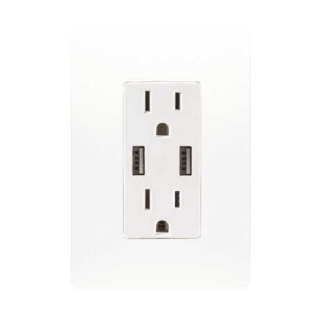 CONTACTO DUPLEX 2 POLOS MAS TIERRA CON 2 PUERTOS USB 2.1 AMP CON PLACA UNNO BLANCO INCLUIDA UNNO